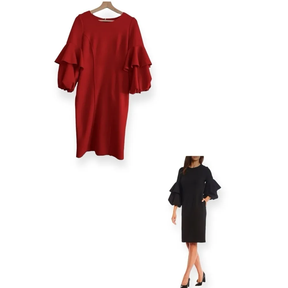 IC COLLECTION Red Scuba Knit Ruffled Balloon Sleeve Red Sheath Dress Size XS NEW - Image 3