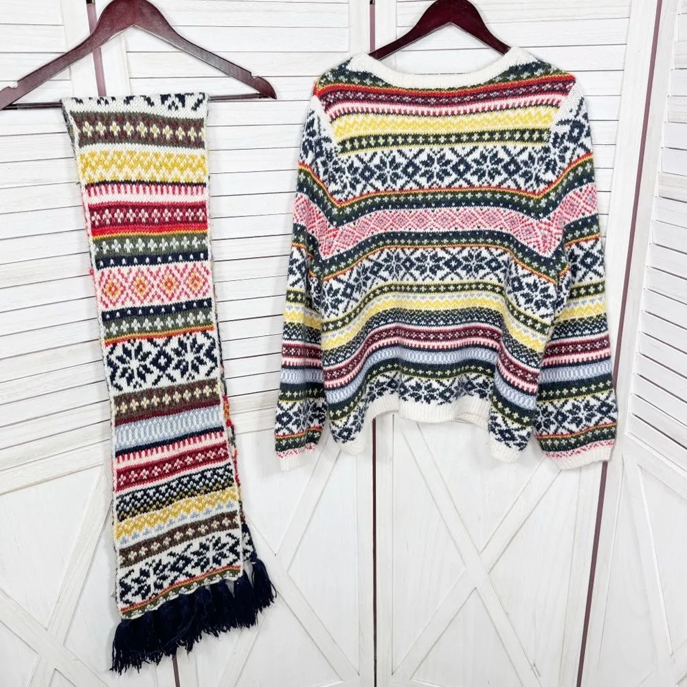 Old Navy Fair Isle Chunky Knit Sweater &‎ Scarf White Multicolor XXL - Image 12