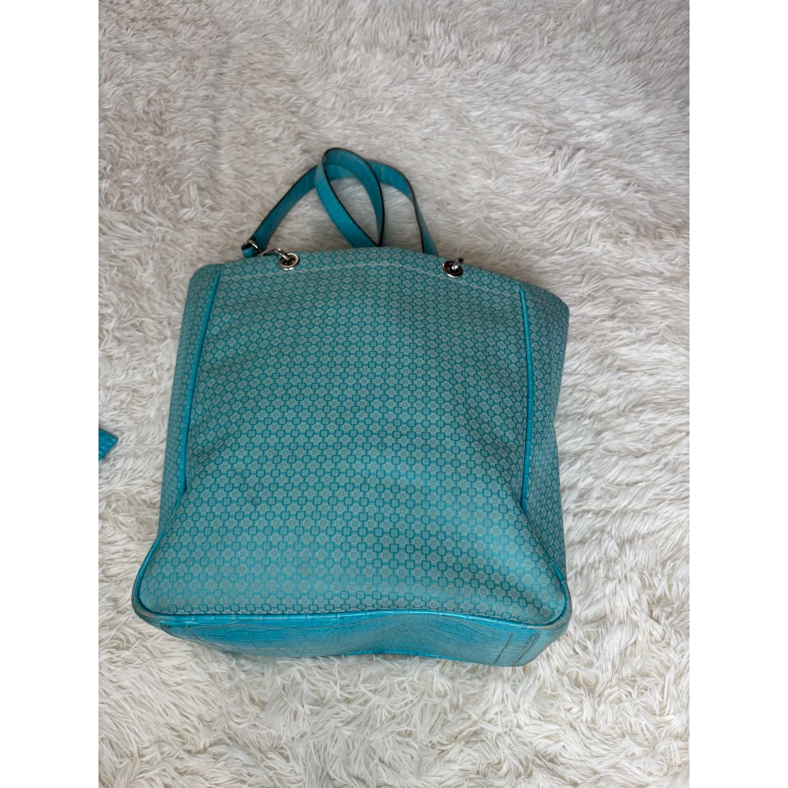 Vintage Teal Blue Tote Bag with Crocodile Embossed Pouch Purse‎ Satchel Travel - Image 8