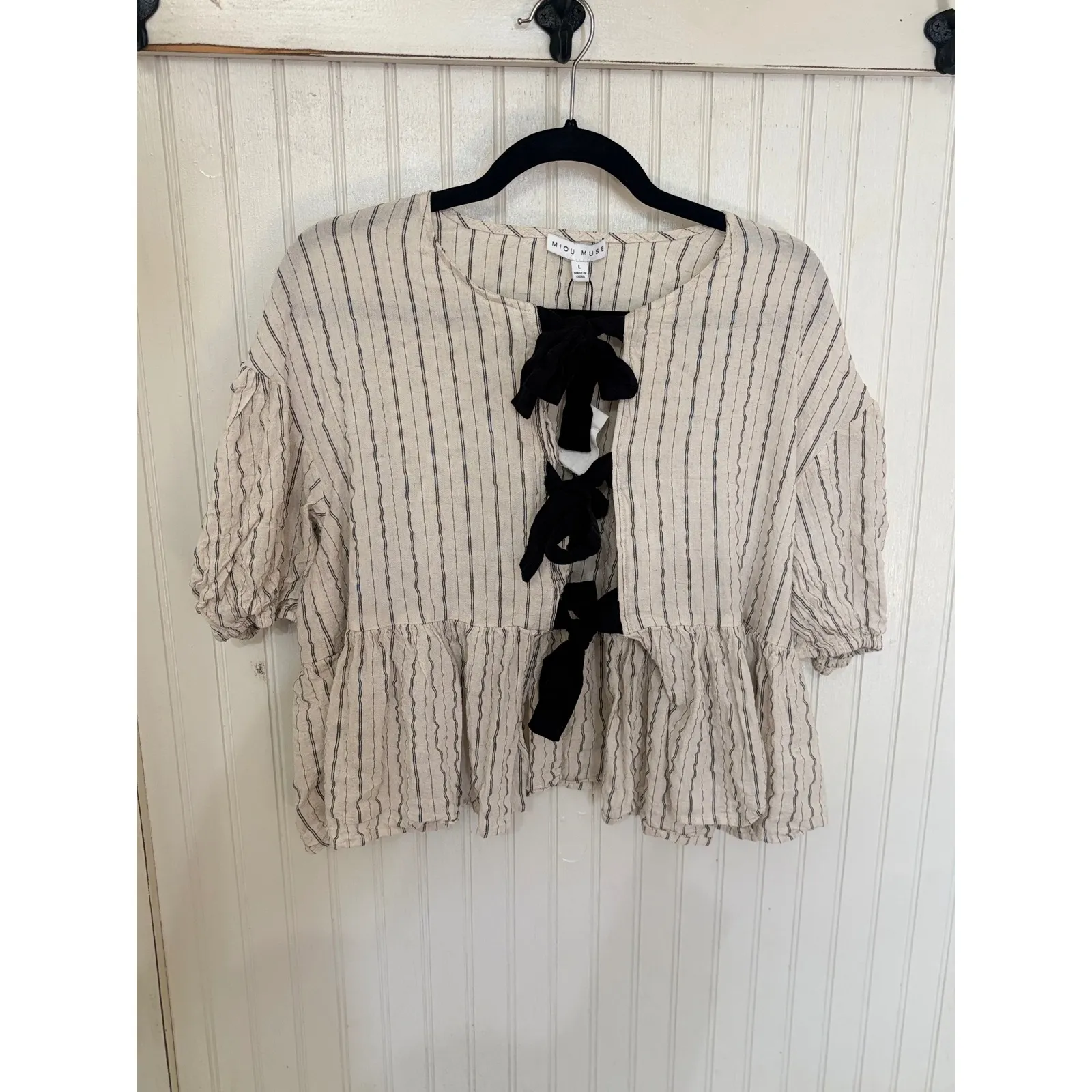 Miou Muse Striped Lace Up Peplum Blouse Top Women's Large Beige Black Bow Detail Tan - Image 7