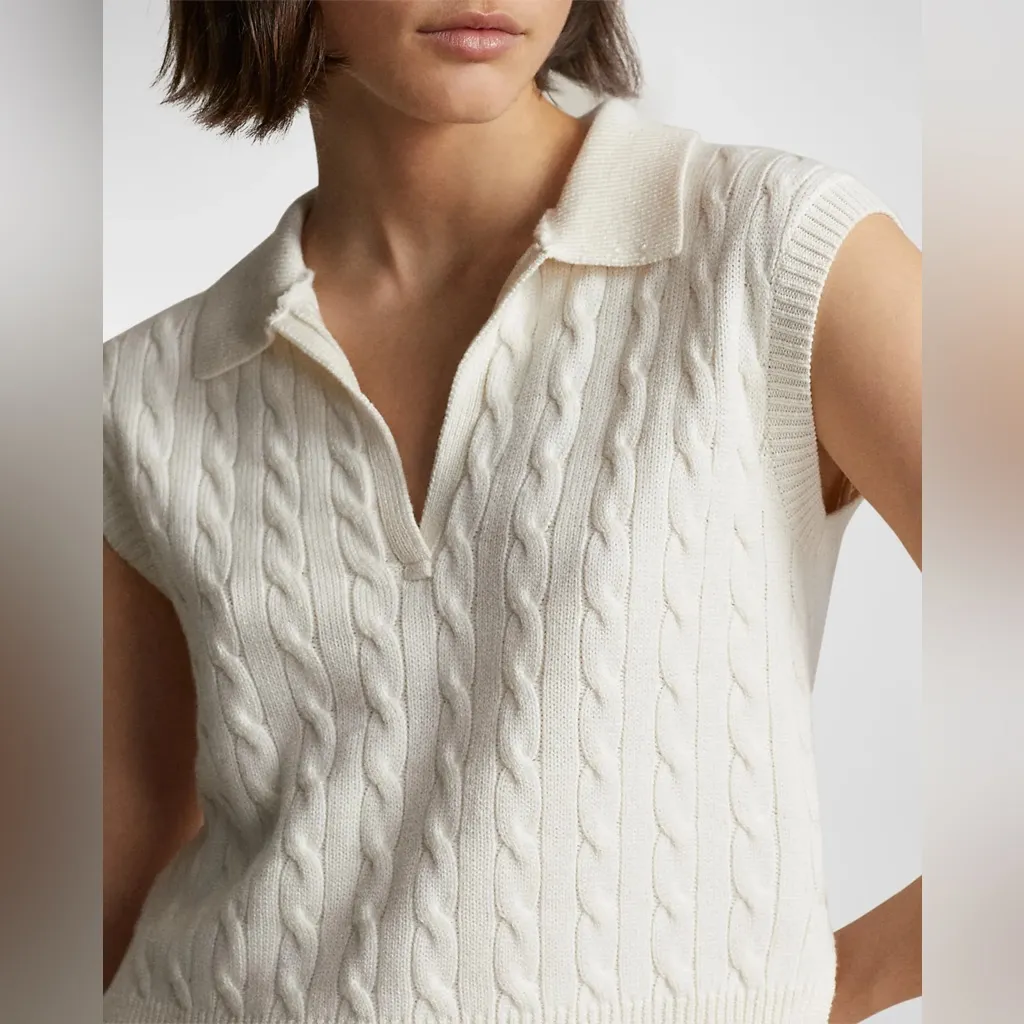 Ralph Lauren Cropped Silk Blend Cable Polo Sweater - Image 3