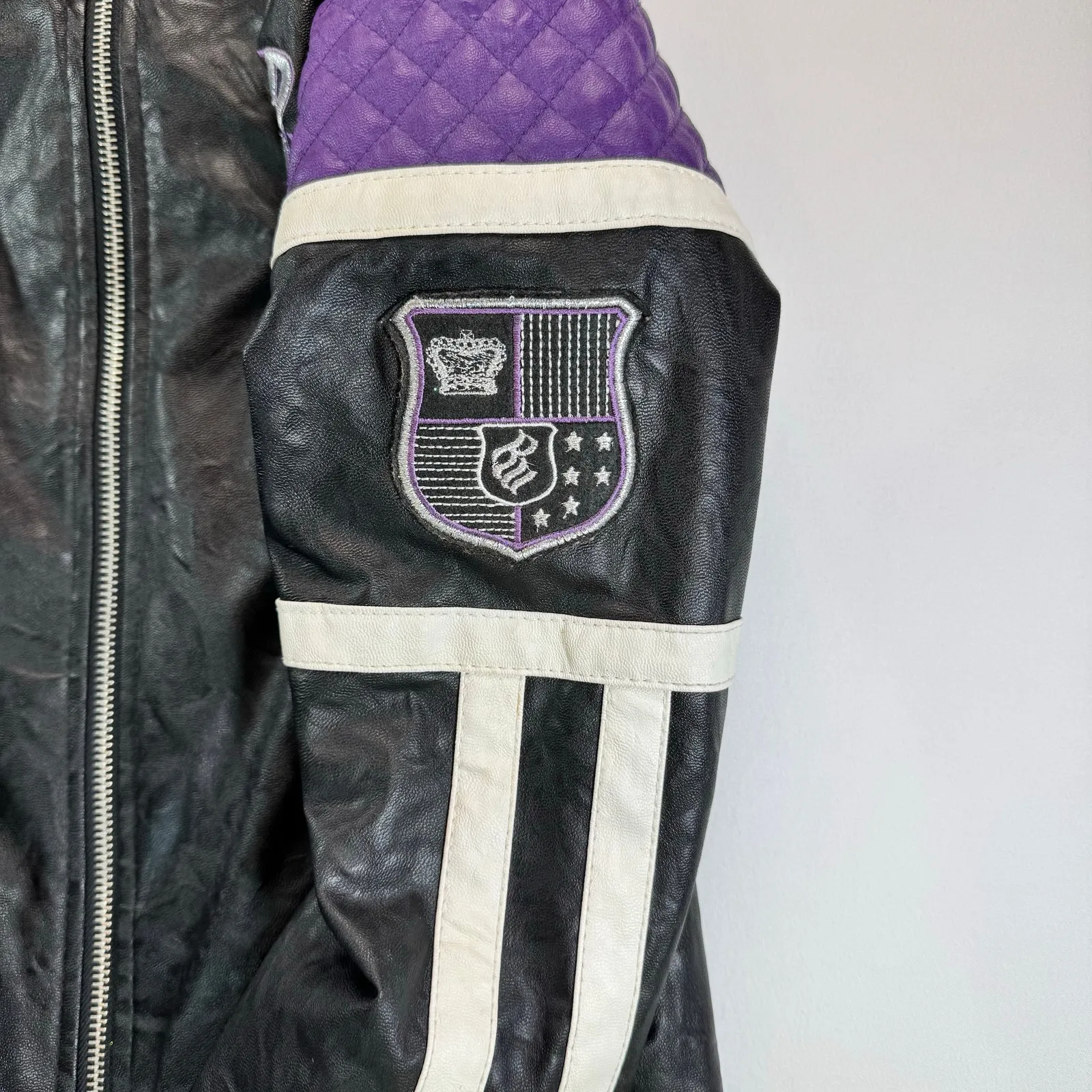 Vtg Rocawear Moto Jacket Black Purple Quilted Patch Women S  XS/S Y2K Streetwear - Image 3