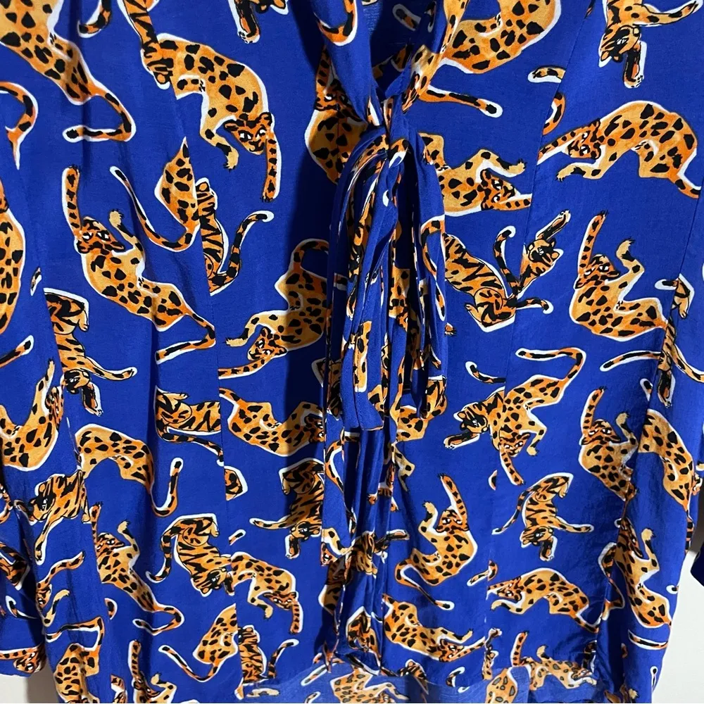 Anthropologie Conversations Tie Front Button Down Blouse Tiger Print - Image 4