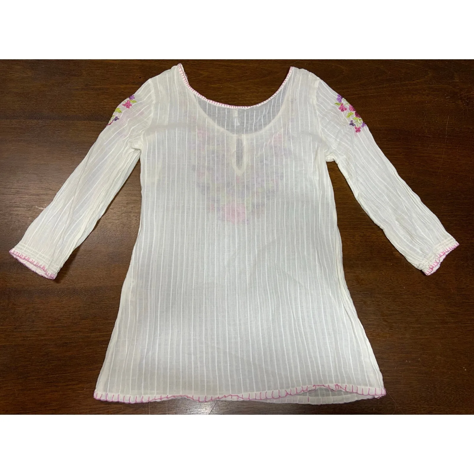 Roper Western Boho Embroidered Floral Blouse Women Small Sheer Cotton Festival White - Image 4