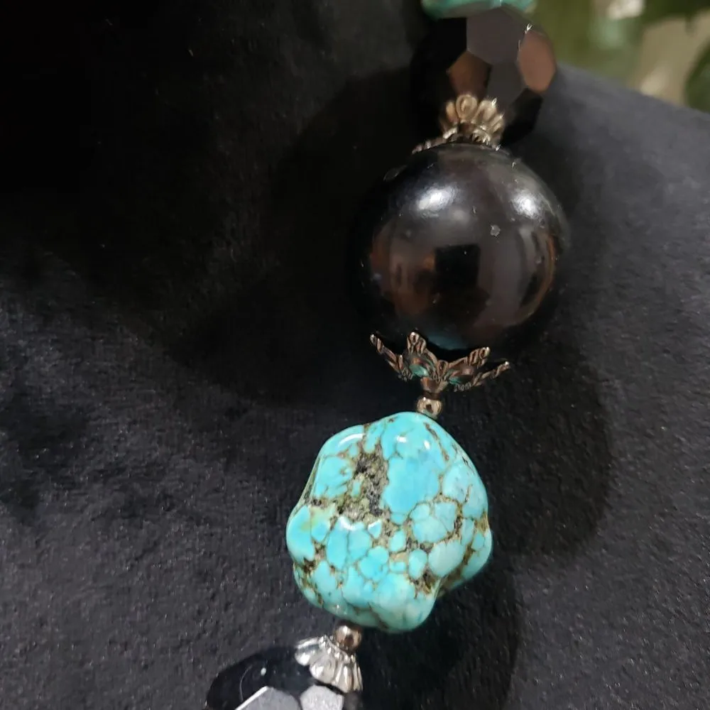 Womens Blue Black Turkey Turquoise Round Onyx Beads Gems Stone Necklace - Image 3