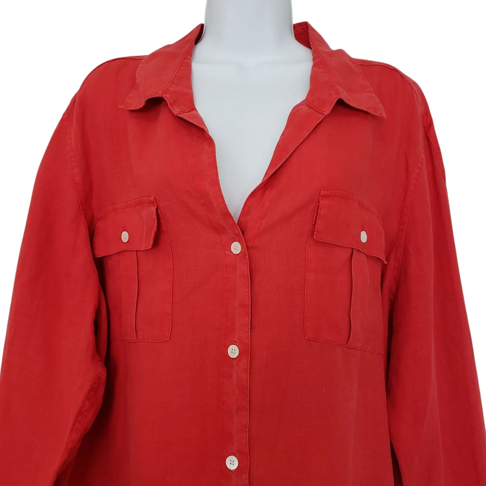 Tommy Bahama Linen Shirt Womens XL Red Long Sleeve Button Up Roll Tab Pcokets - Image 3
