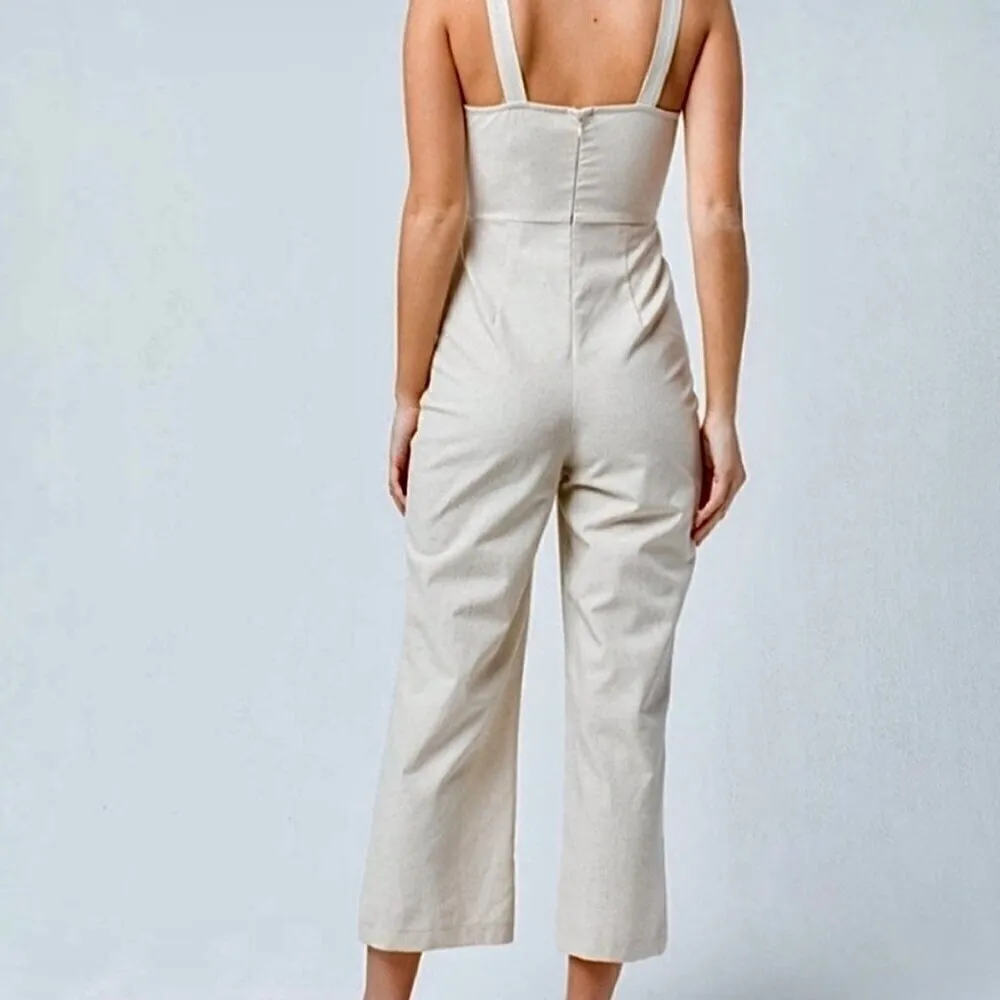 Sky and Sparrow Linen Cotton Button Wide Leg Jumpsuit in Tan Beige‎ Size Small - Image 2