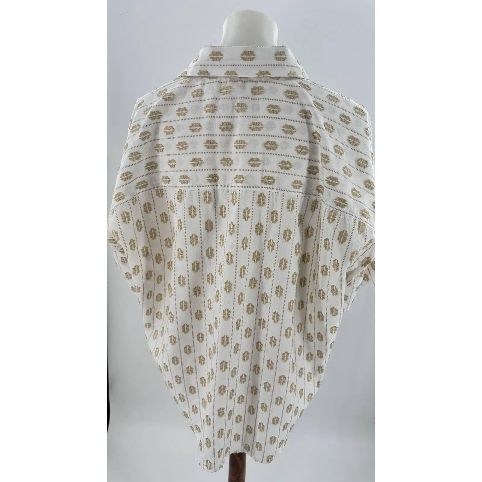 LOFT Women’s Small Embroidered Short Sleeve Collared Button Top Boho Cream Tan - Image 5