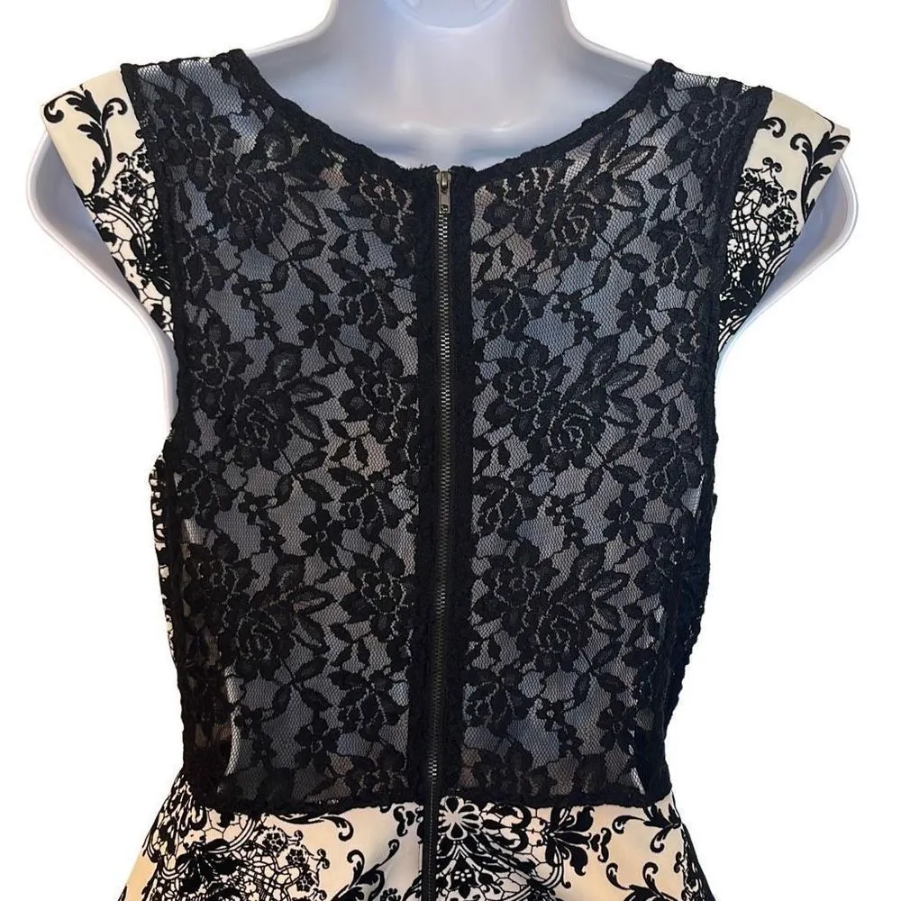 Iris Paisley Print Velvet Burnout Top Peplum Mini Dress Black & White Size L NWO - Image 4