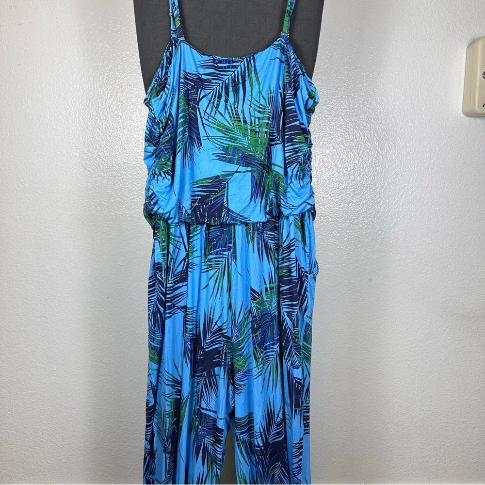 Belle by Kim Gravel | Blue and Green Leaf Print Jumpsuit Size 3X - Image 2