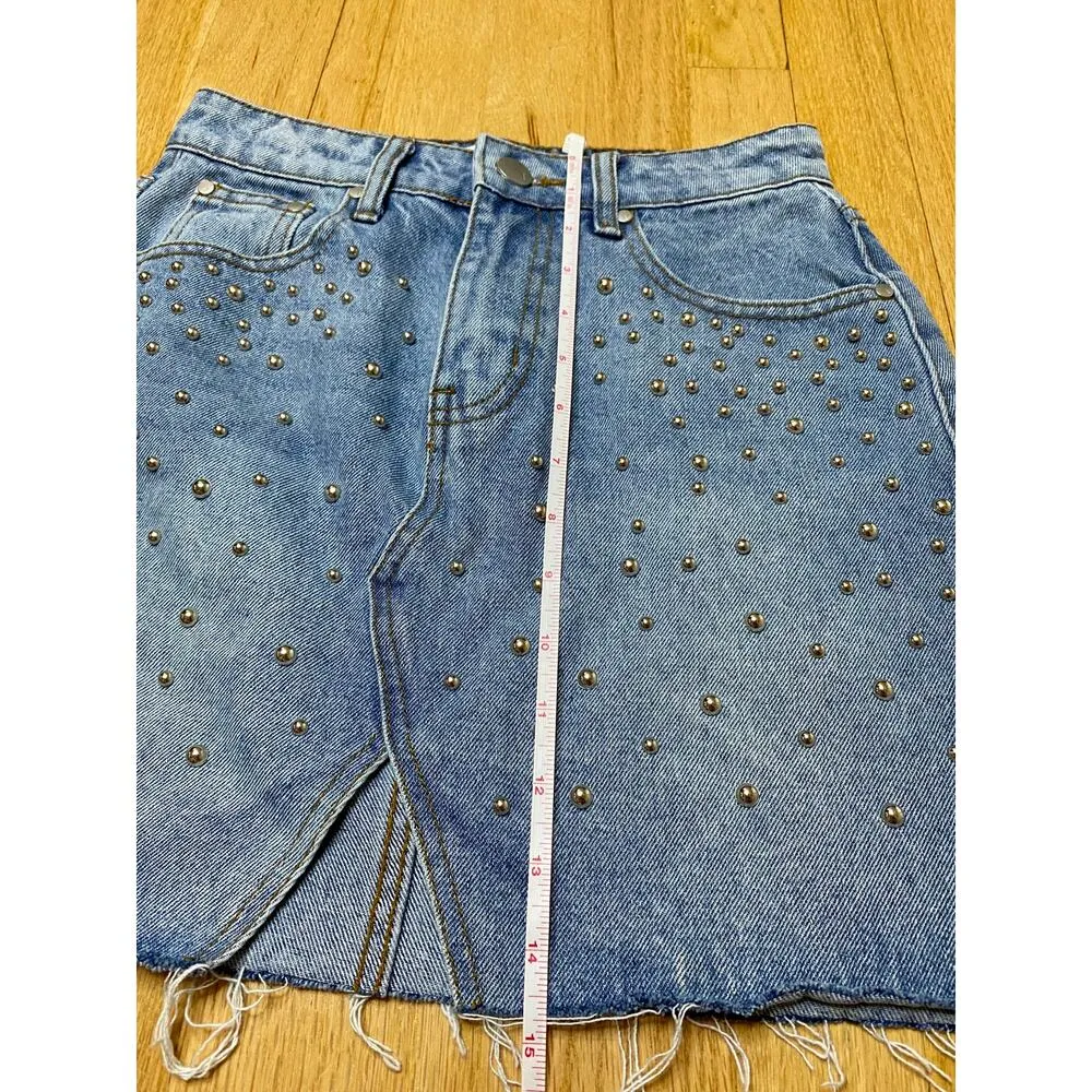 Tobi Foothill Denim Mini Skirt Silver Studded With Front Slit Women's Size 25 - Image 8