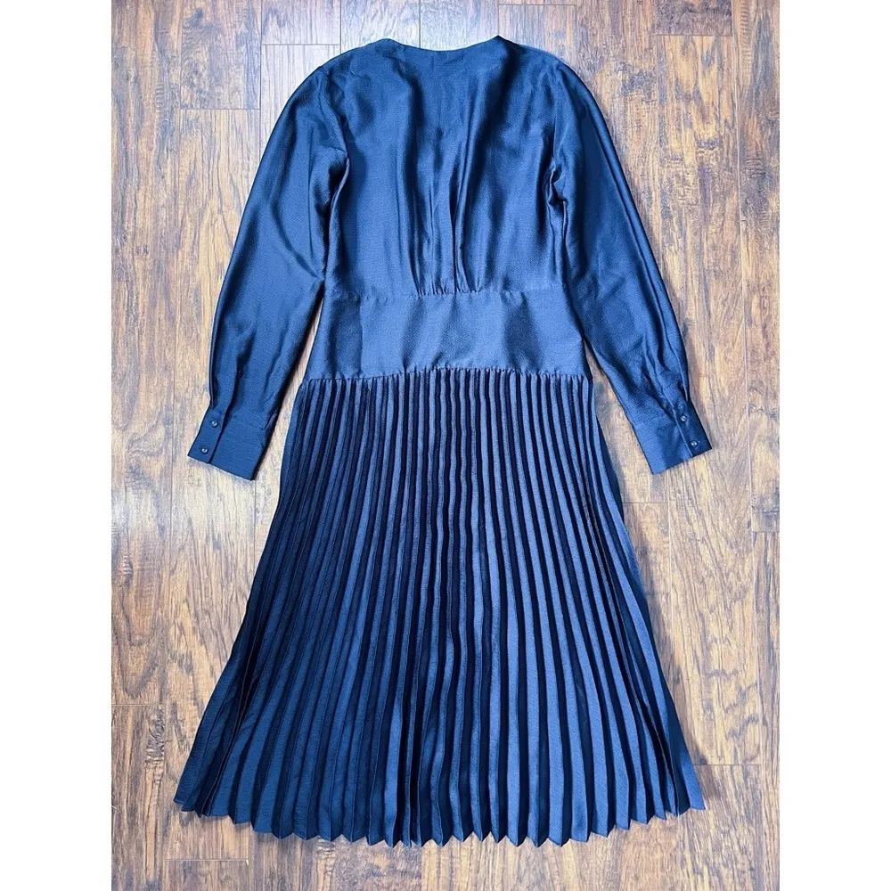 Scotch & Soda • Pleated V-Neck Midi Dress navy blue surplice wrap long sleeve - Image 10
