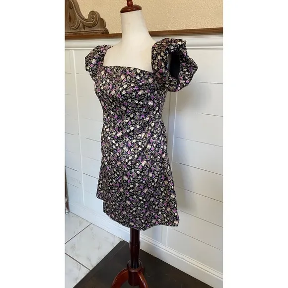 Pomelo Romantic Square Neck Puff Sleeve Mini Dress Black Purple Dainty Floral - Image 9
