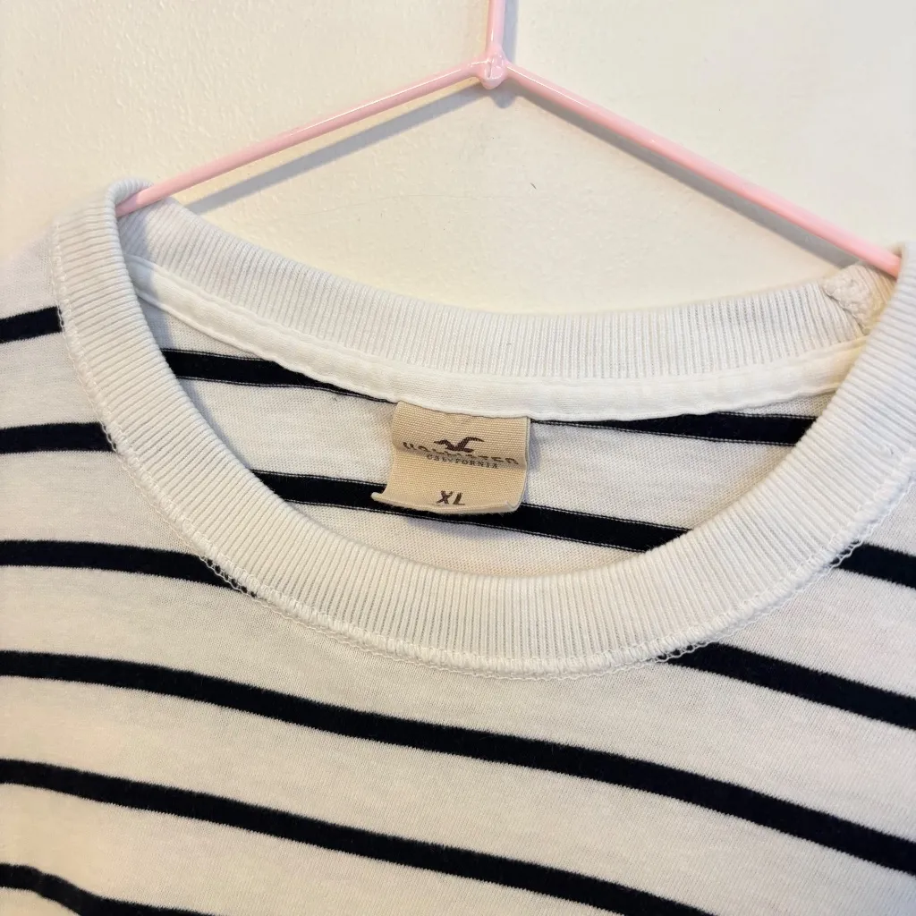 Hollister Y2K 2000s Classic Crewneck Short Sleeve T Shirt White Blue Stripes XL - Image 2