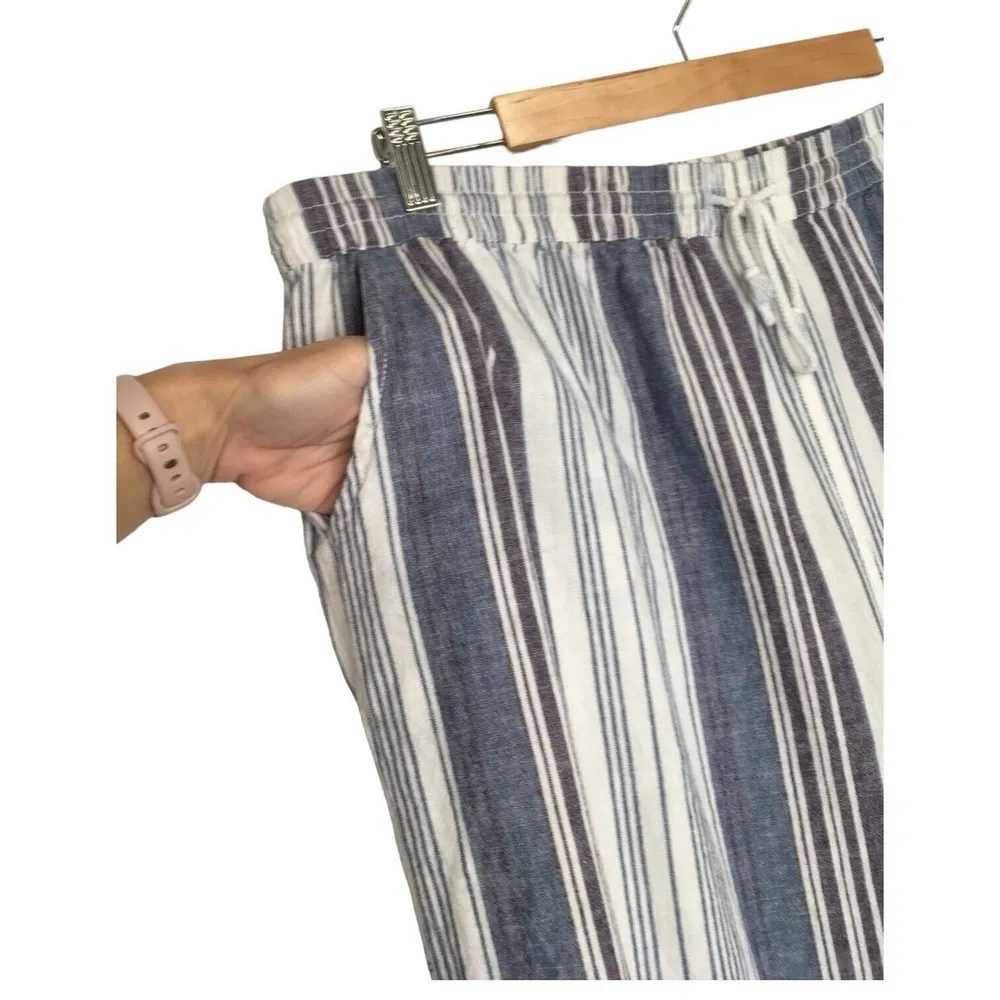 Beach Lunch Lounge Pants Womens XXL Striped Linen Capri Pull On Pockets Blue - Image 3