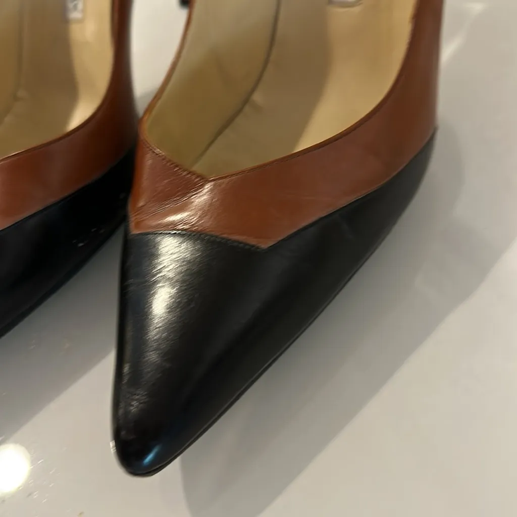 Manolo Blahnik Black and Brown Y2K Leather Geometric Pumps Pointy Toe Heels 39.5 - Image 11
