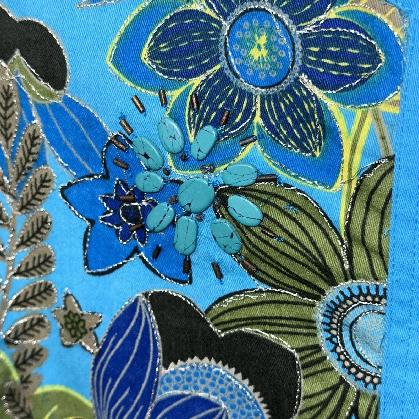 Chicos Jacket‎ Beads Metallic Thread Blue Floral Pockets Lined WOMENS SIZE 1 M - Image 8