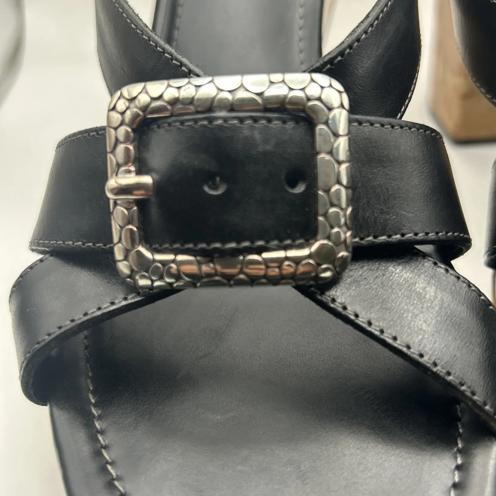 Brighton‎ Black Leather Cork Wedge Sandals Silver Buckle Heels Size 8.5M Brazil - Image 5