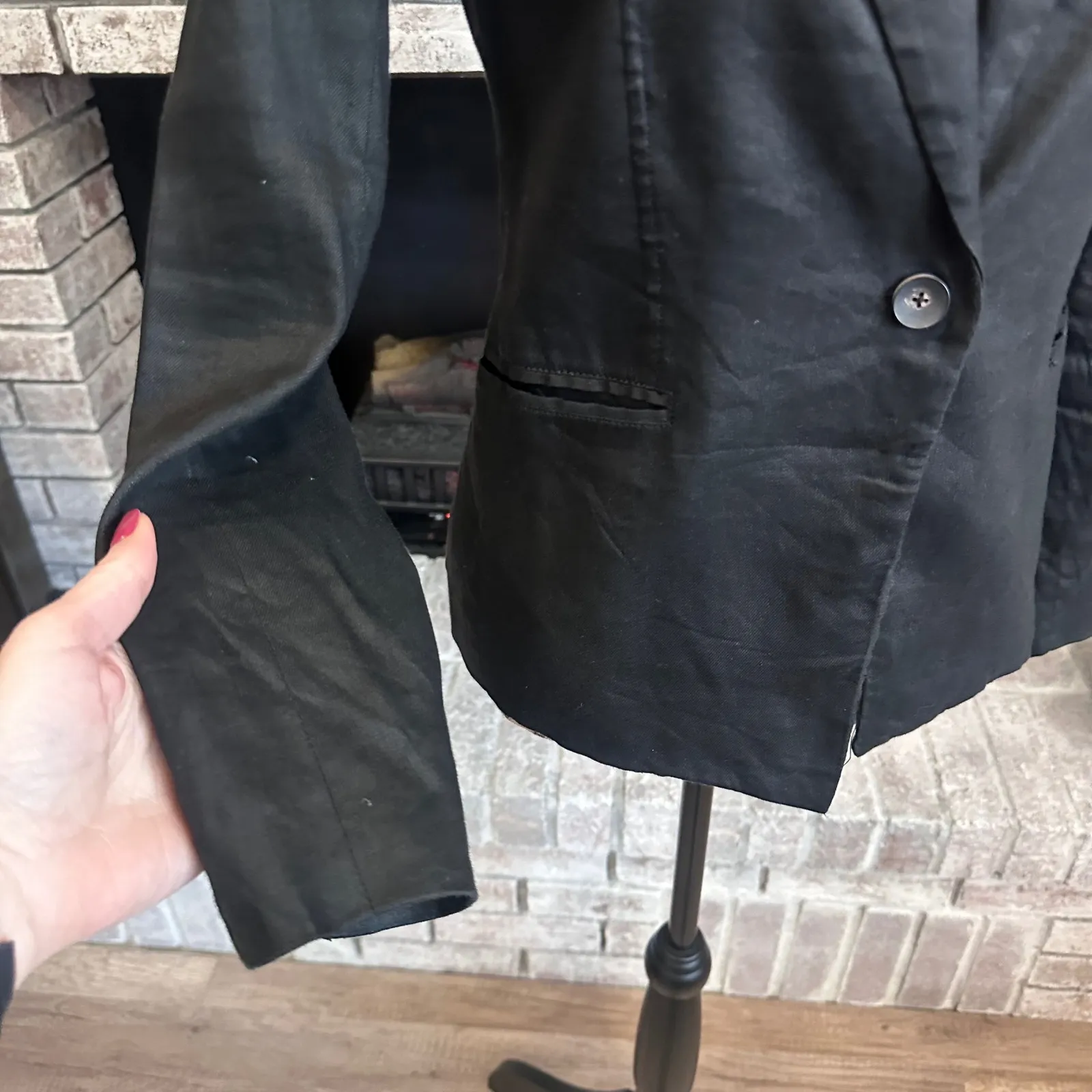 Helmut Lang Black Linen Blend Blazer Leather Collar Single Button Women Size - Image 5