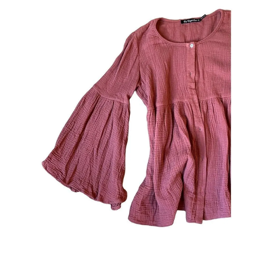By Together  Boho peasant button down top with huge flutter sleeve - Image 3