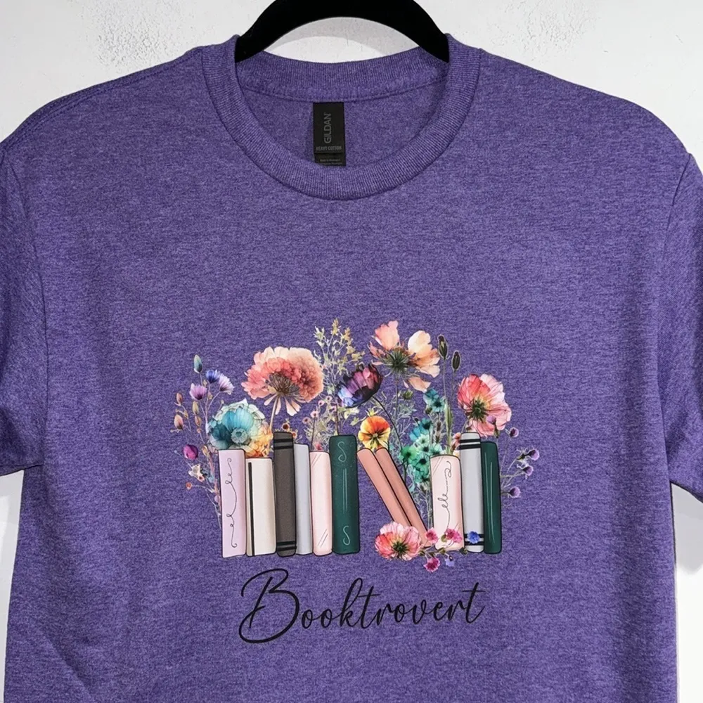 Booktrovert shirt purple short sleeve cotton bookworm floral print - Image 3