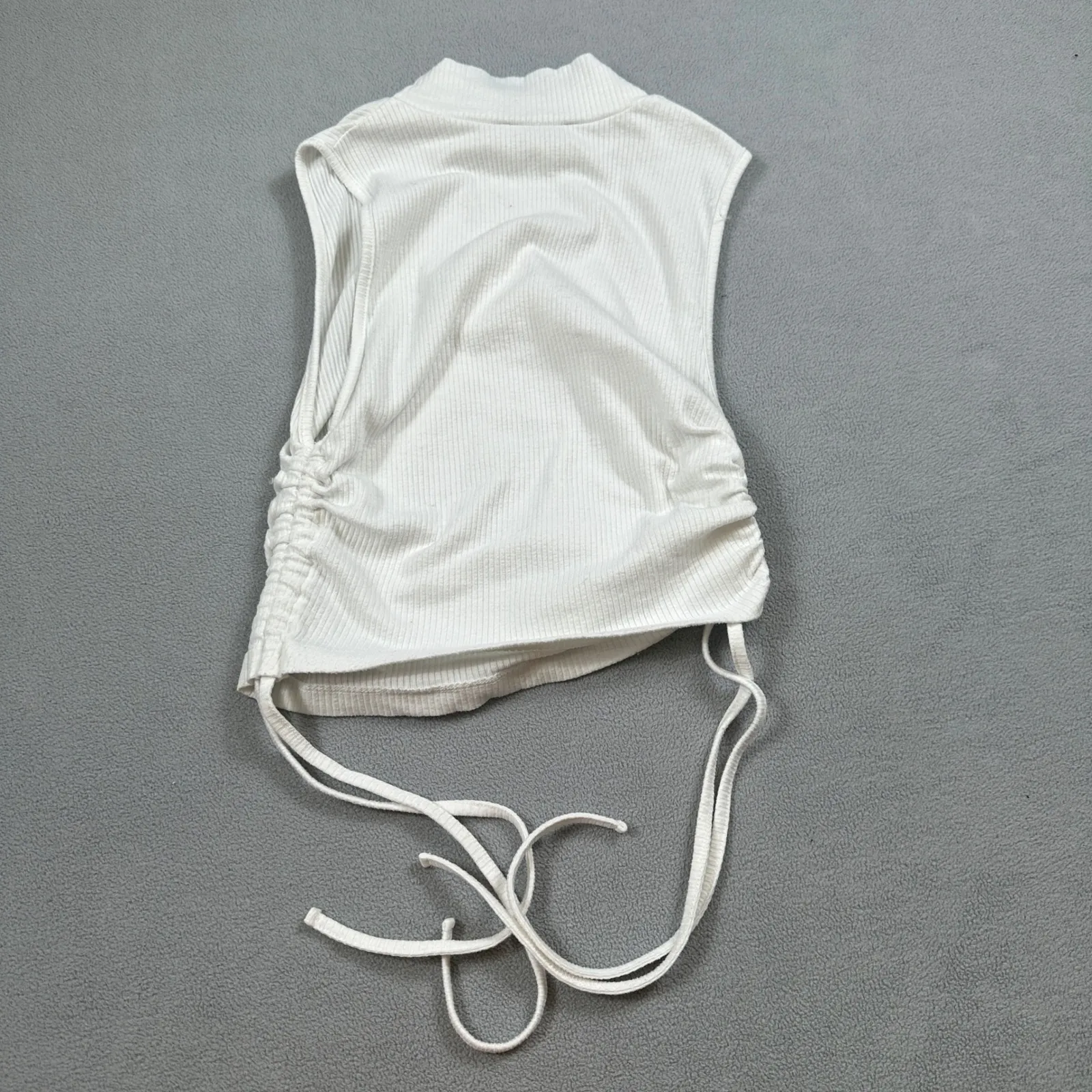 Zara Tank Top Womens S White Ribbed Mock Neck Sleeveless Ruched Drawstring Top - Image 2