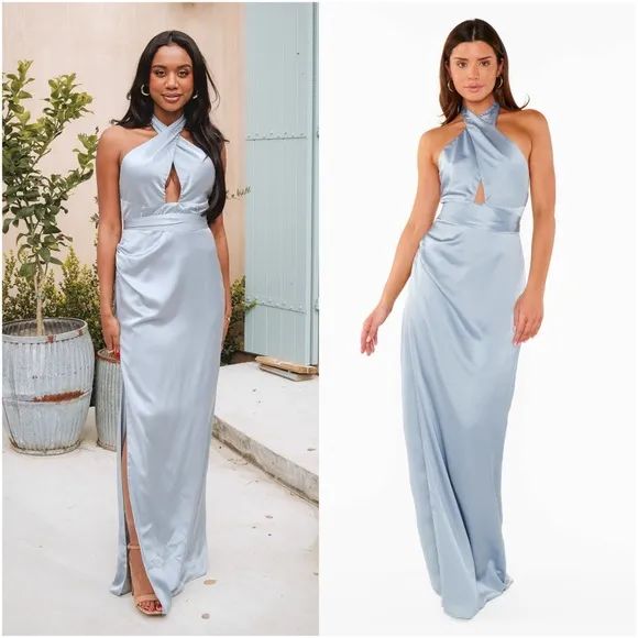 SHOW ME YOUR MUMU Adele Halter Maxi Dress In Steel Blue Luxe Satin - Image 2