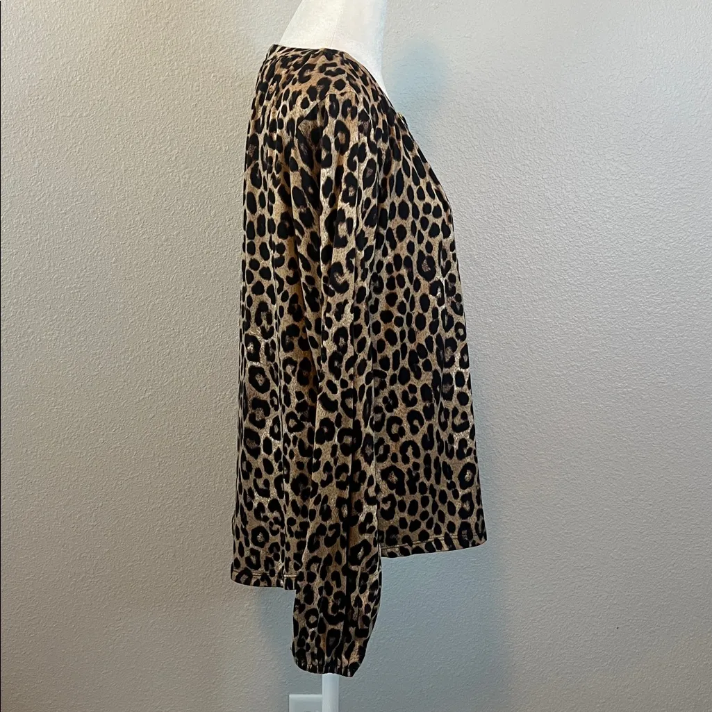 Michael Kors Leopard Print Split Neck Top Size Medium Brown - Image 2