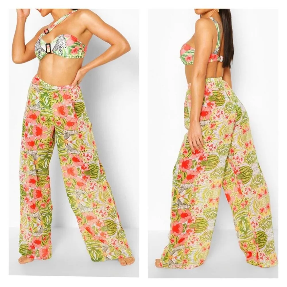 Boohoo - Tropical Animal High Waist Beach Pants in Green & Orange - Image 6
