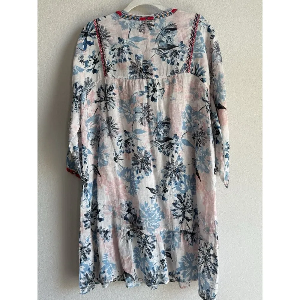 Johnny Was Workshop Women Ramie Floral Embroidered Trim Tassel‎ Shift Dress Sz L - Image 3