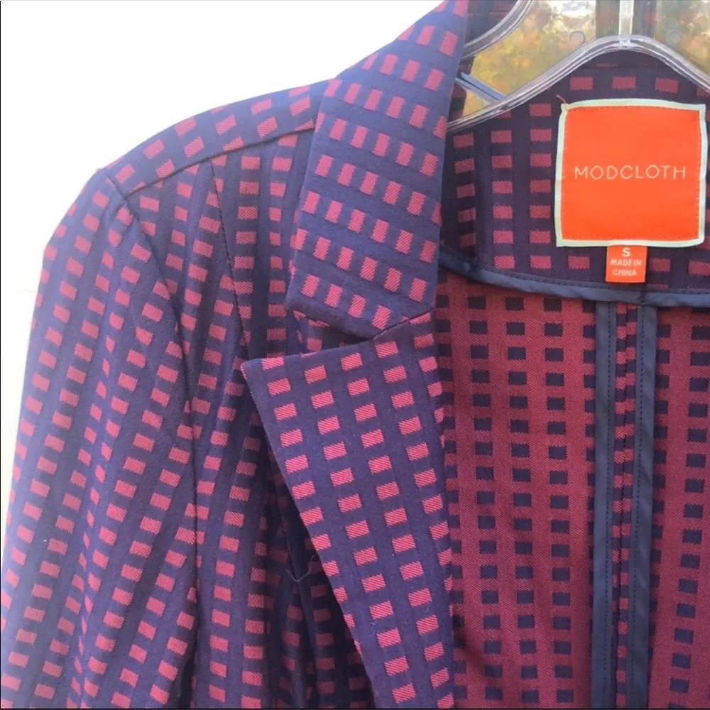 Modcloth Womens small Navy & Maroon Grid Print Bow Back dressy Casual blazer - Image 8