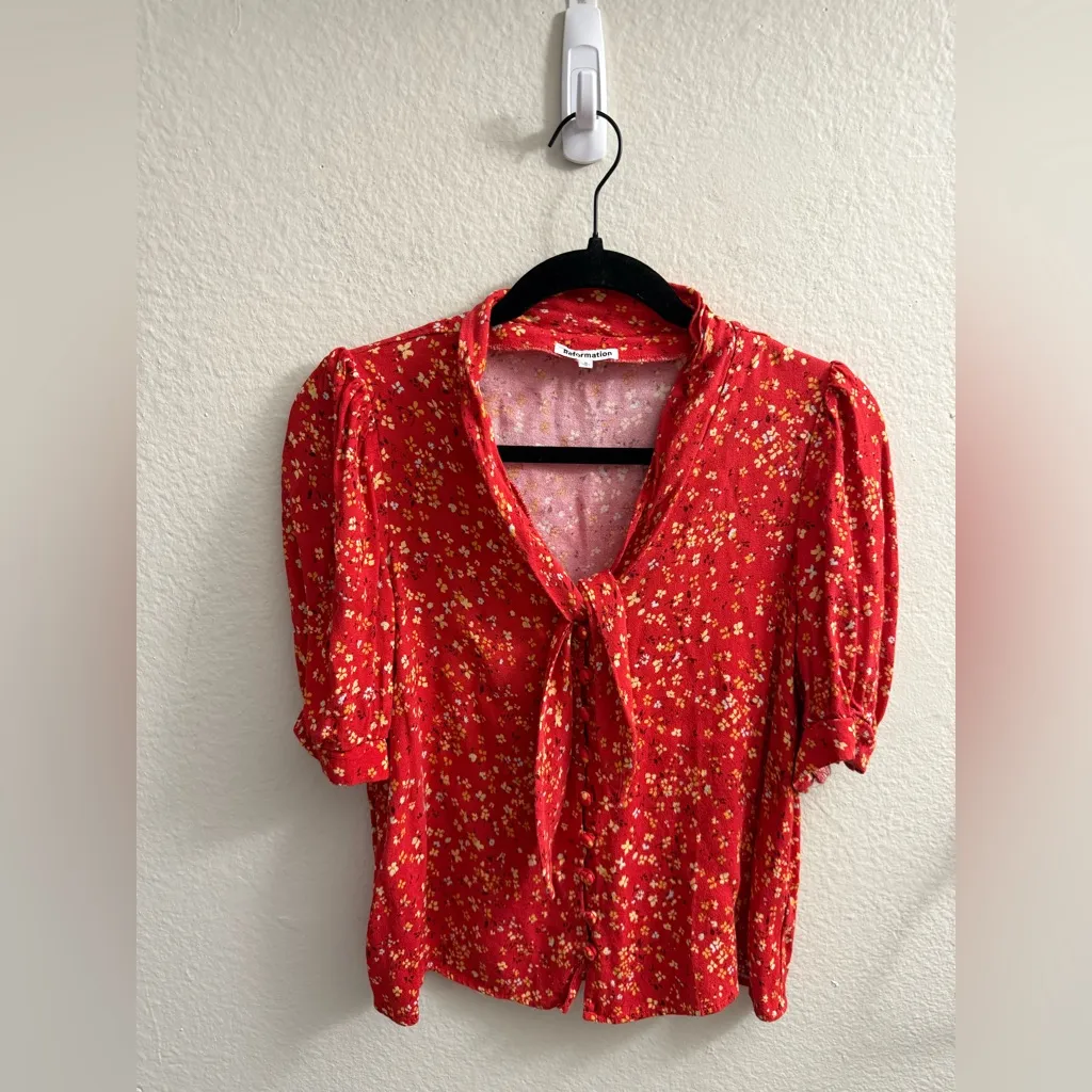 Reformation Joelle Top Floral Blouse Size S Holiday Christmas Red - Image 2