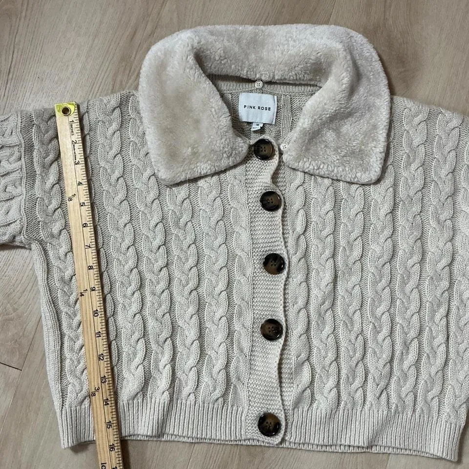 PINK ROSE Cable Knit Faux Fur Collar Cardigan Sweater Cream Beige Penny Lane - Image 4
