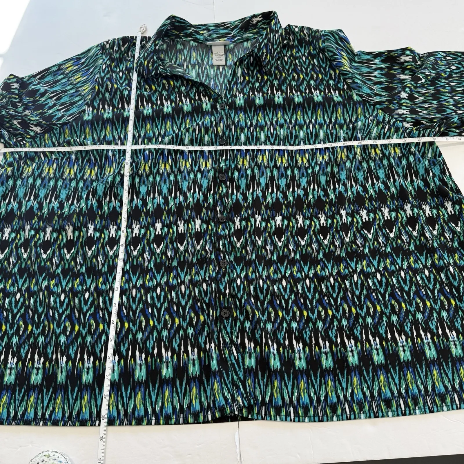 Catherines Teal Geometric‎ Button Up 3/4 Sleeve Timeless Blouse Size 4X - Image 9