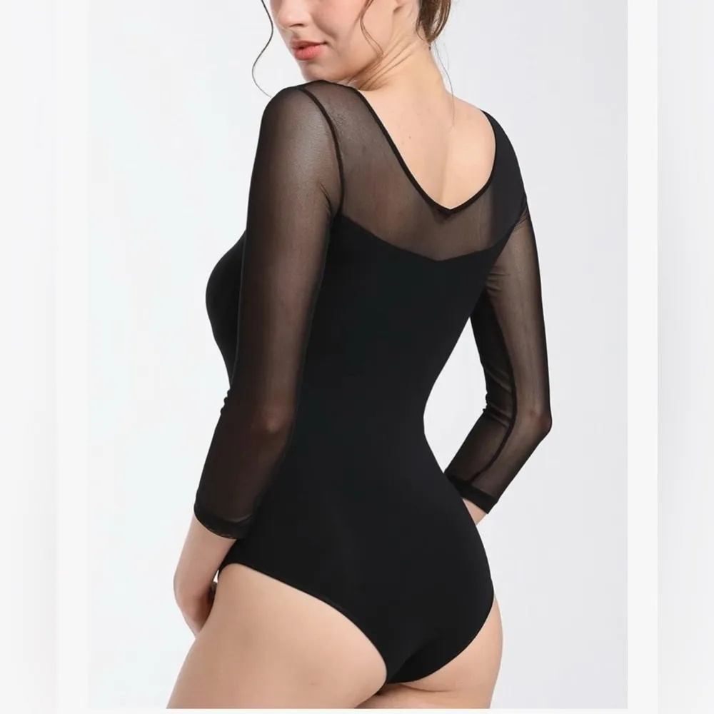 NEW Black Soft Bamboo Bodysuit Sheer Long Sleeve Leotard Bodysuit XL - Image 2