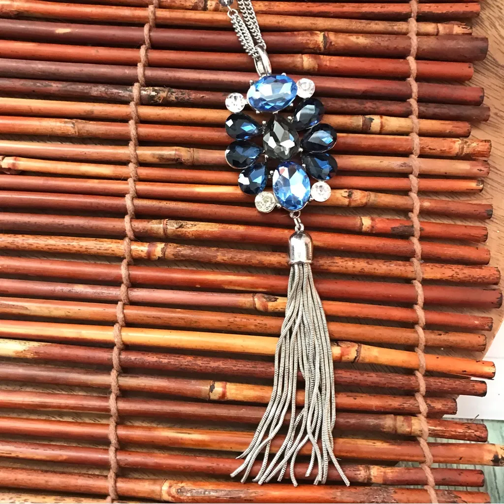 White House Black Market Blue Glass Stone Tassel Pendant Long Necklace - Image 6