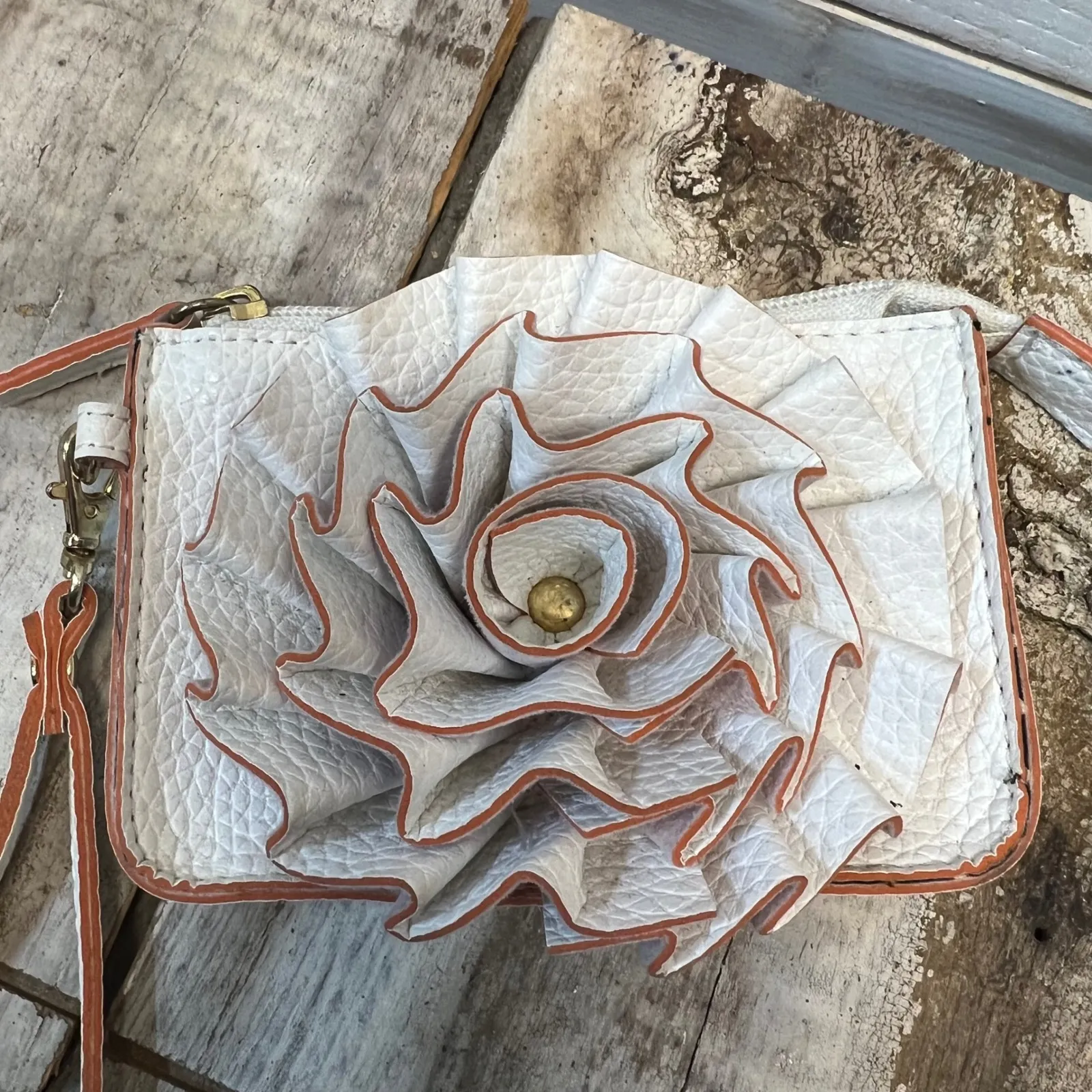 Jessab White Faux Leather Wristlet Clutch Purse Ruffle Flower Polka Dot Lining - Image 5