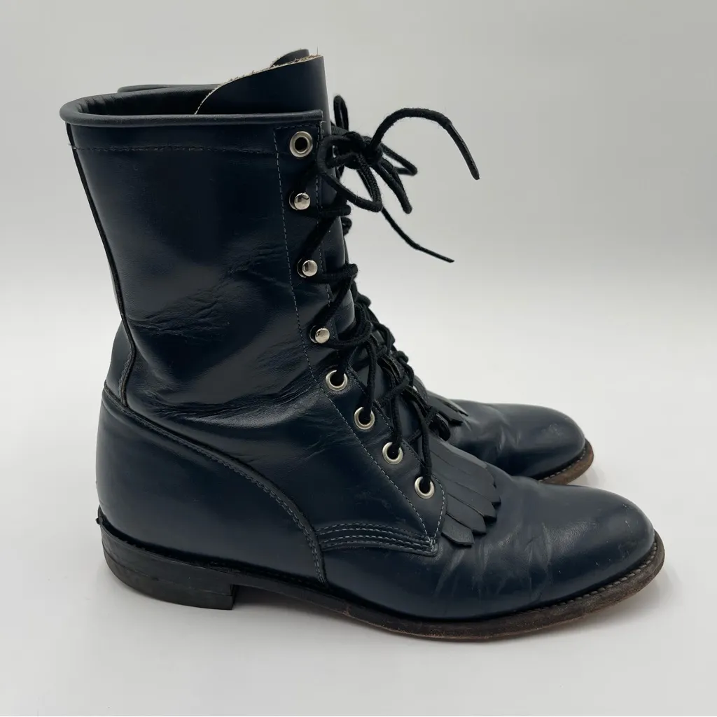 Vtg Justin Western Roper Kiltie Hiram Blue Womens Boots Lace Up Size 7C Fringe - Image 4