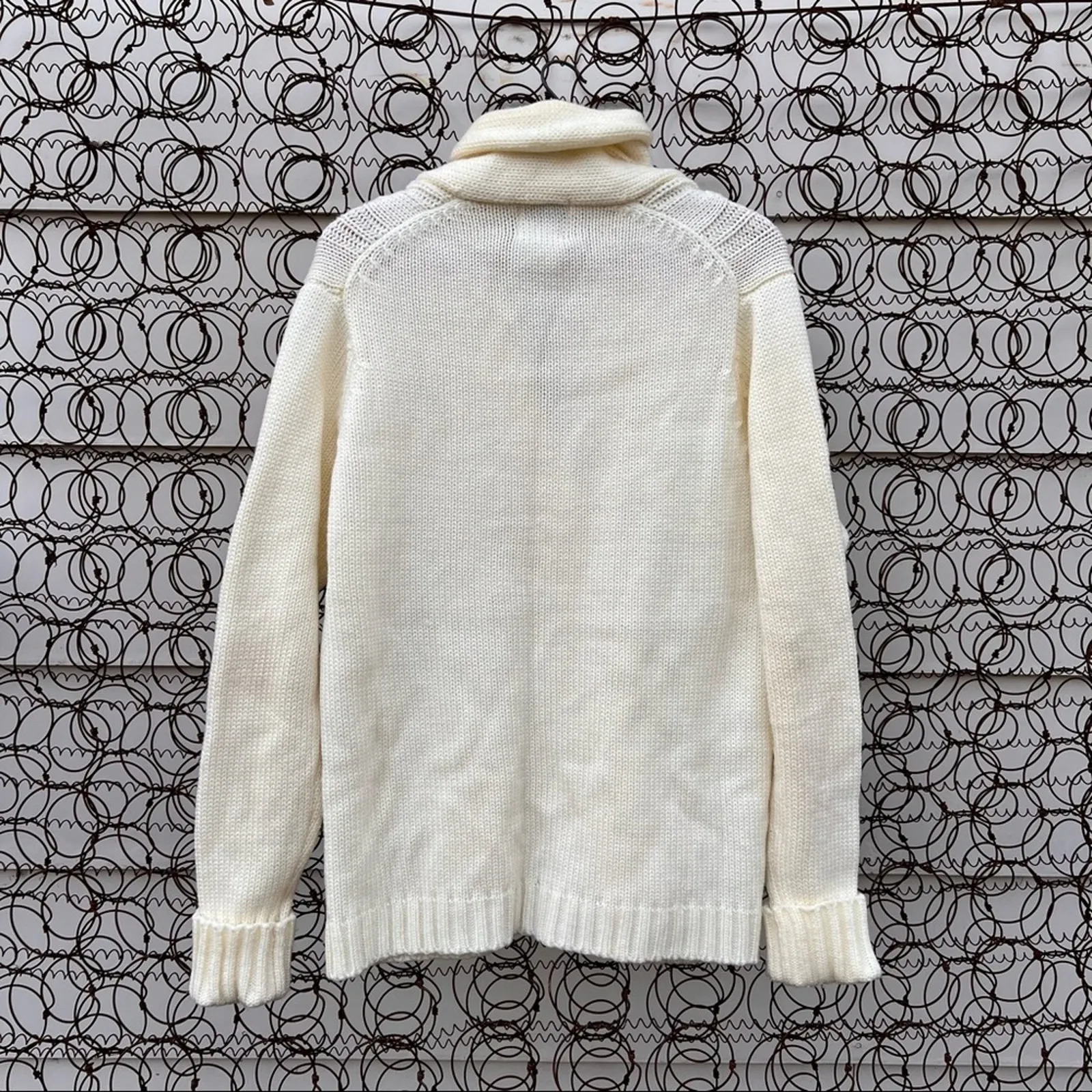 VTG 70s Sears The Fashion Place cream knit cowl collar cardigan sweater LARGE - Image 3