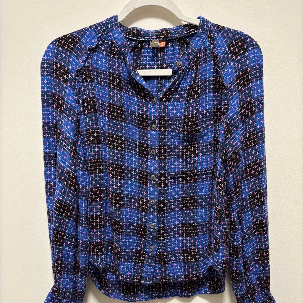 ANTHROPOLOGIE PILCRO Embroidered Plaid Button Up Size XS Crew Neck Long Sleeve - Image 2