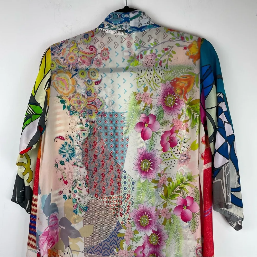 Johnny Was Patchwork Print Multicolor Silk Kimono Top Oversized Sz XS - Image 13
