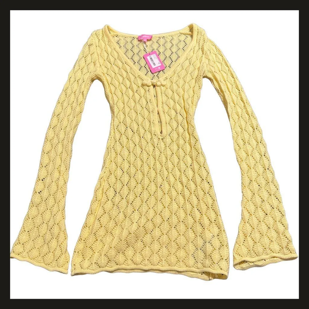 Edikted Brie Yellow Crochet Cut-Out Mini Dress XS NWT Festival Beach Cover Up - Image 6