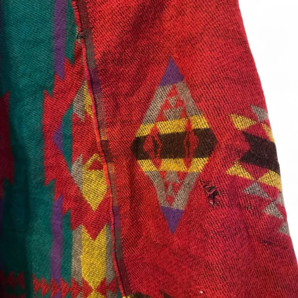 Western Southwest Mexican Aztec Fringe Poncho Shawl Hooded Red OS Toggle - Image 3