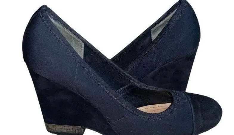 Tory Burch Astoria Black Suede Leather Cap Toe Slip-On Wedge Heel Pumps - Image 2