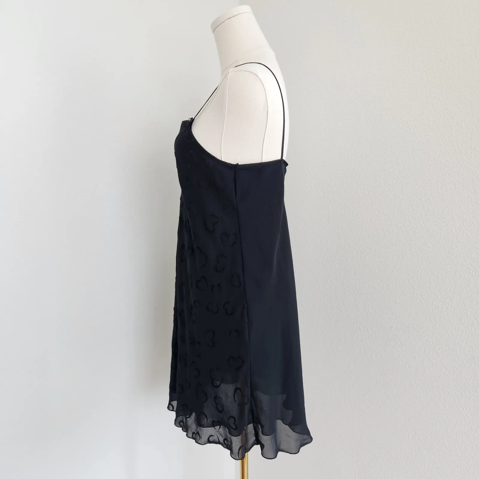 90s Y2K Black Velvet Burnout Heart Slip Dress Mini Lined Spaghetti Strap XS - Image 5