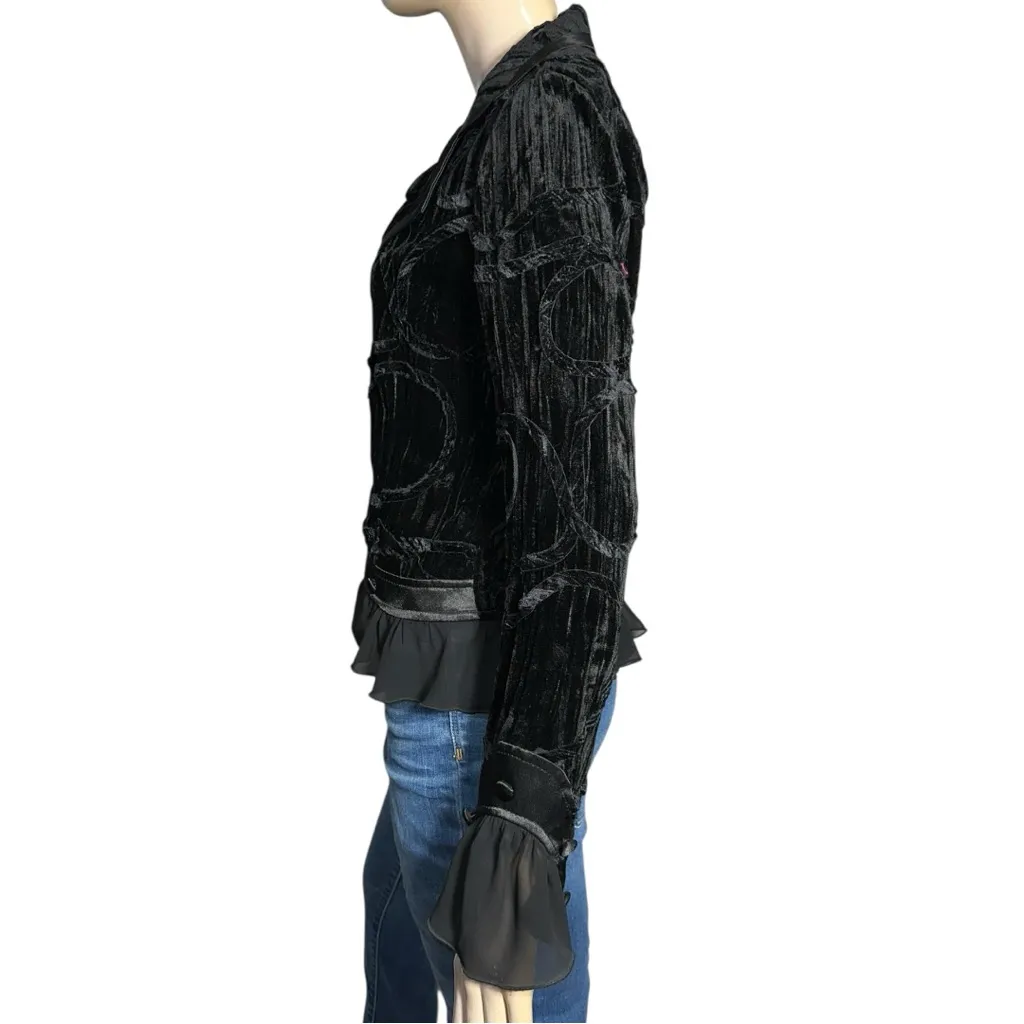 Mieka Women’s Size 10 Black Flocked Velvet Chiffon Trimmed Jacket - Image 4