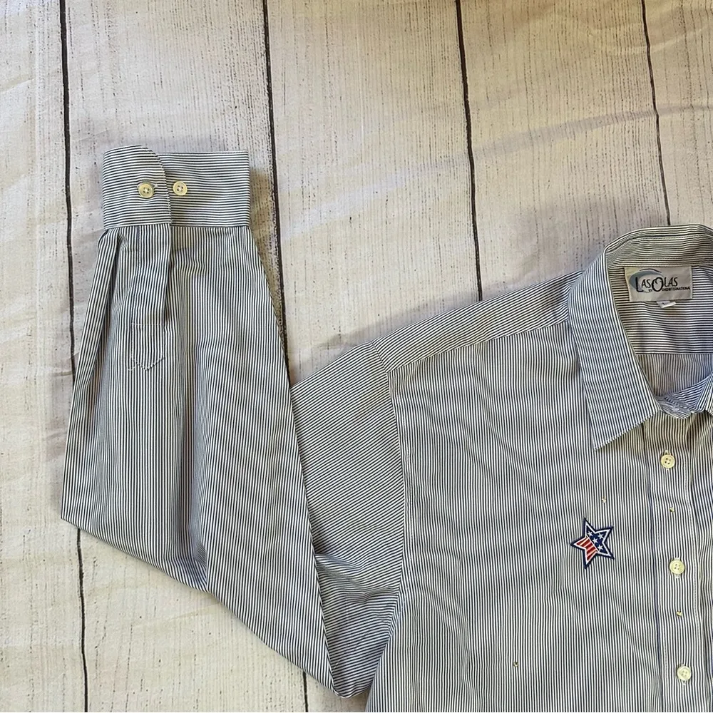 Las Olas large blue white stripe patriotic button long sleeve shirt - Image 2