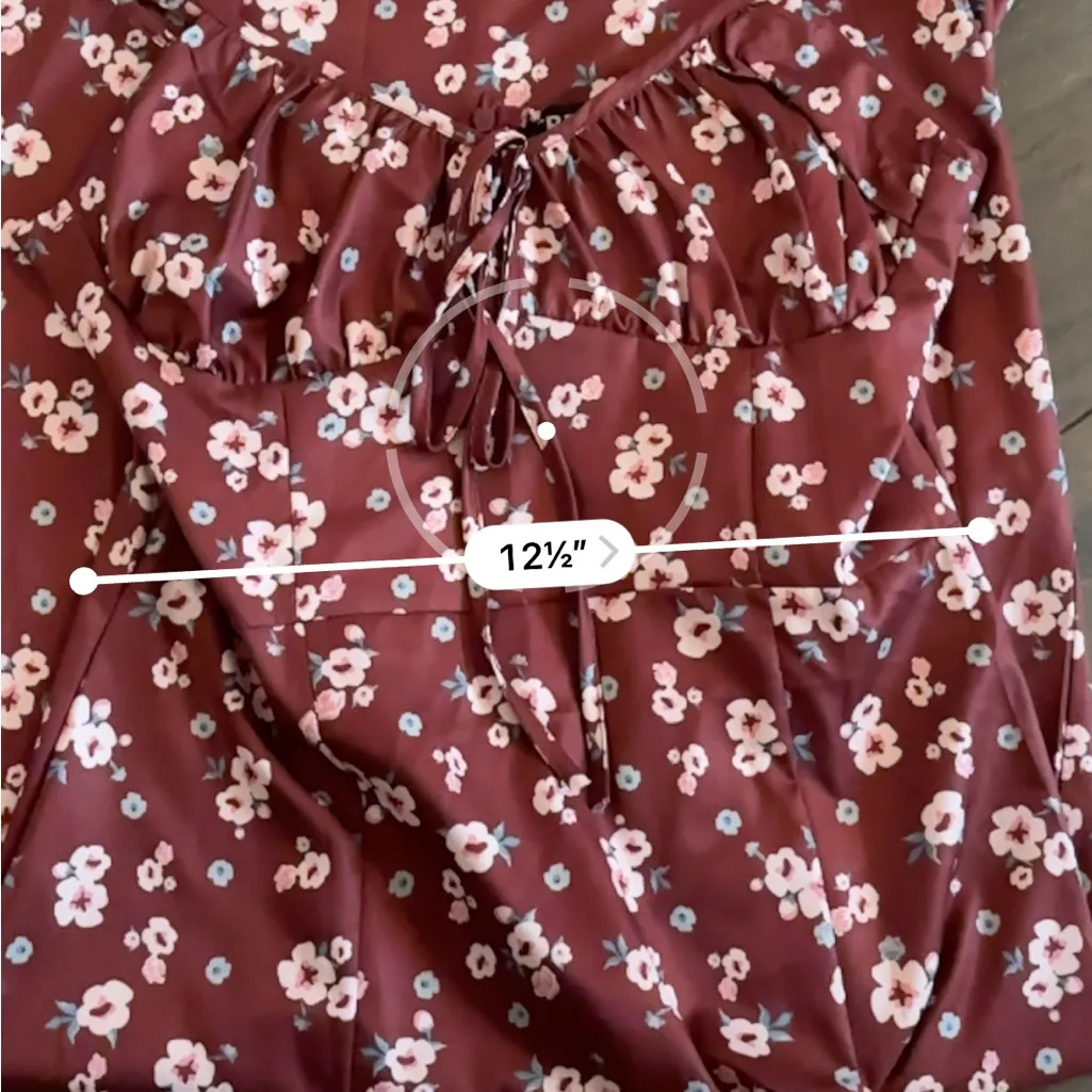 Burgundy Midi dress with floral print, high leg slit, babydoll top, size small Red - Image 7