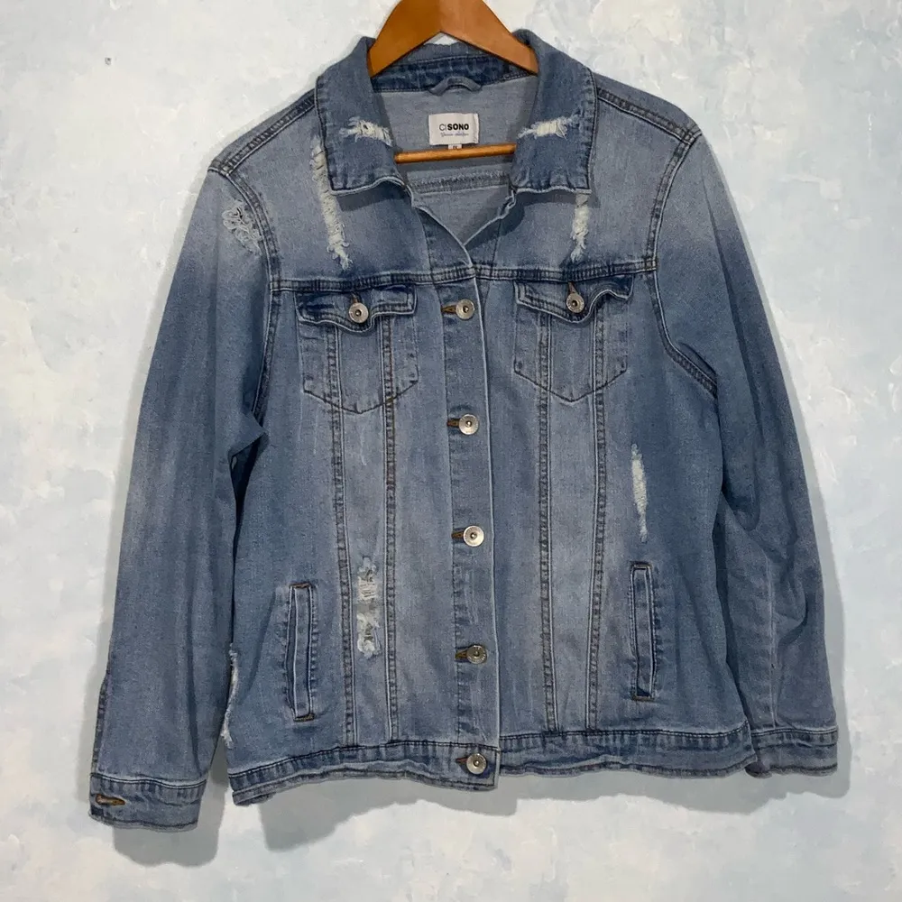 CI SONO Denim Blue Jean Ripped Distressed Trucker Jacket Size 1X - Image 2