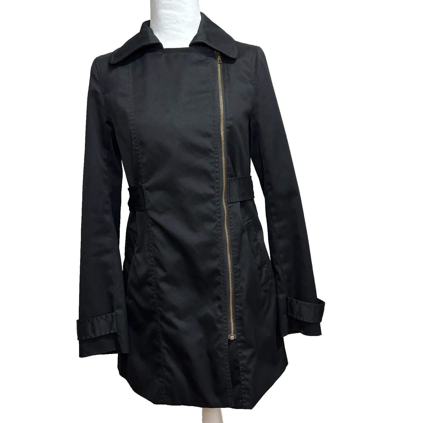 H&M Zip Up Trench Coat Womens Sz 4 Black Lightweight Office Academia Classic - Image 2